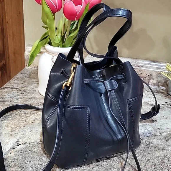 Tory Burch EUC Mini Drawstring Bucket Bag Purse Black Leather - Picture 3 of 8